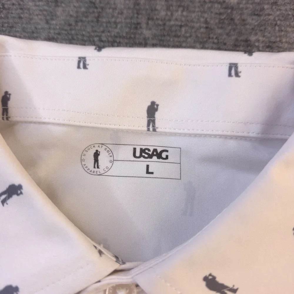 Usag Golf‎ Polo Large White Geometric Balg Beer Logo Short Sleeve Stretch